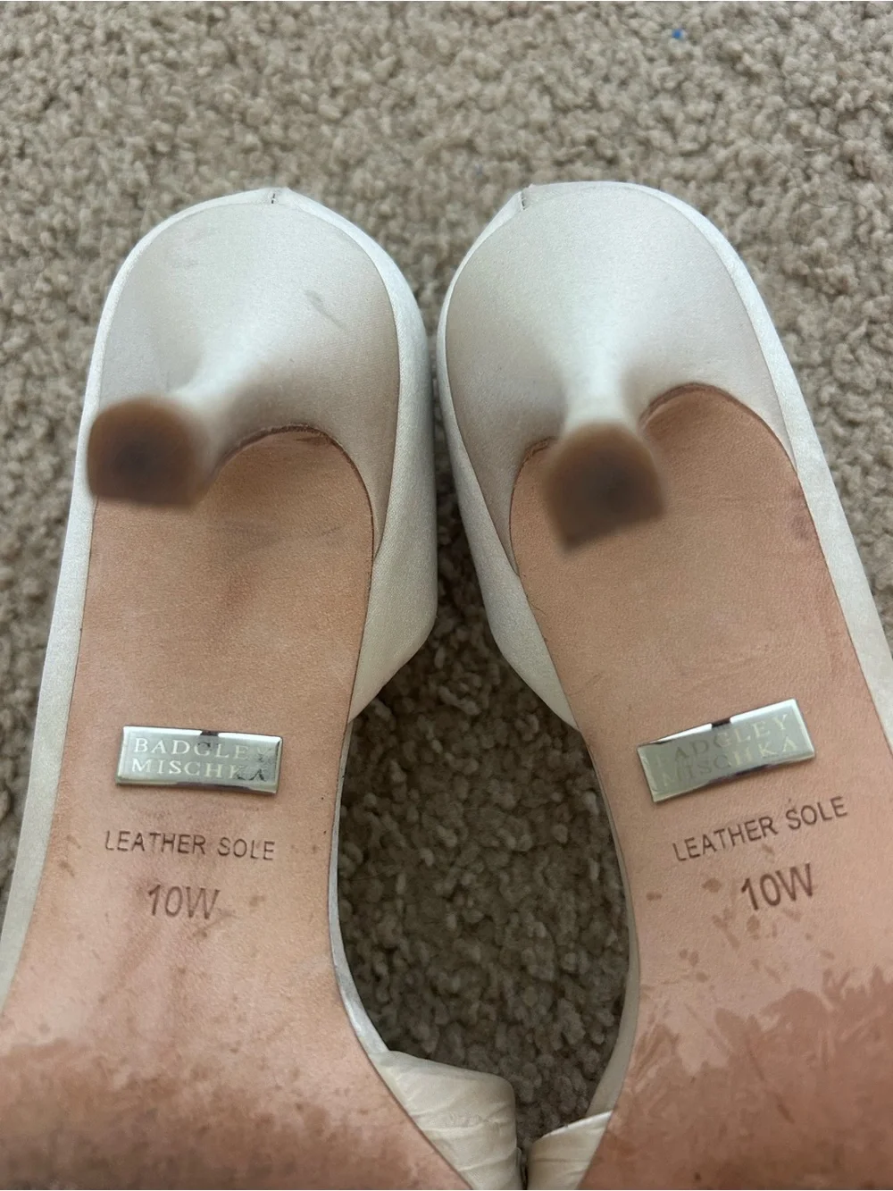 Badgley Mischka Ivory Satin Peep-Toe Heels with Crystal Brooch